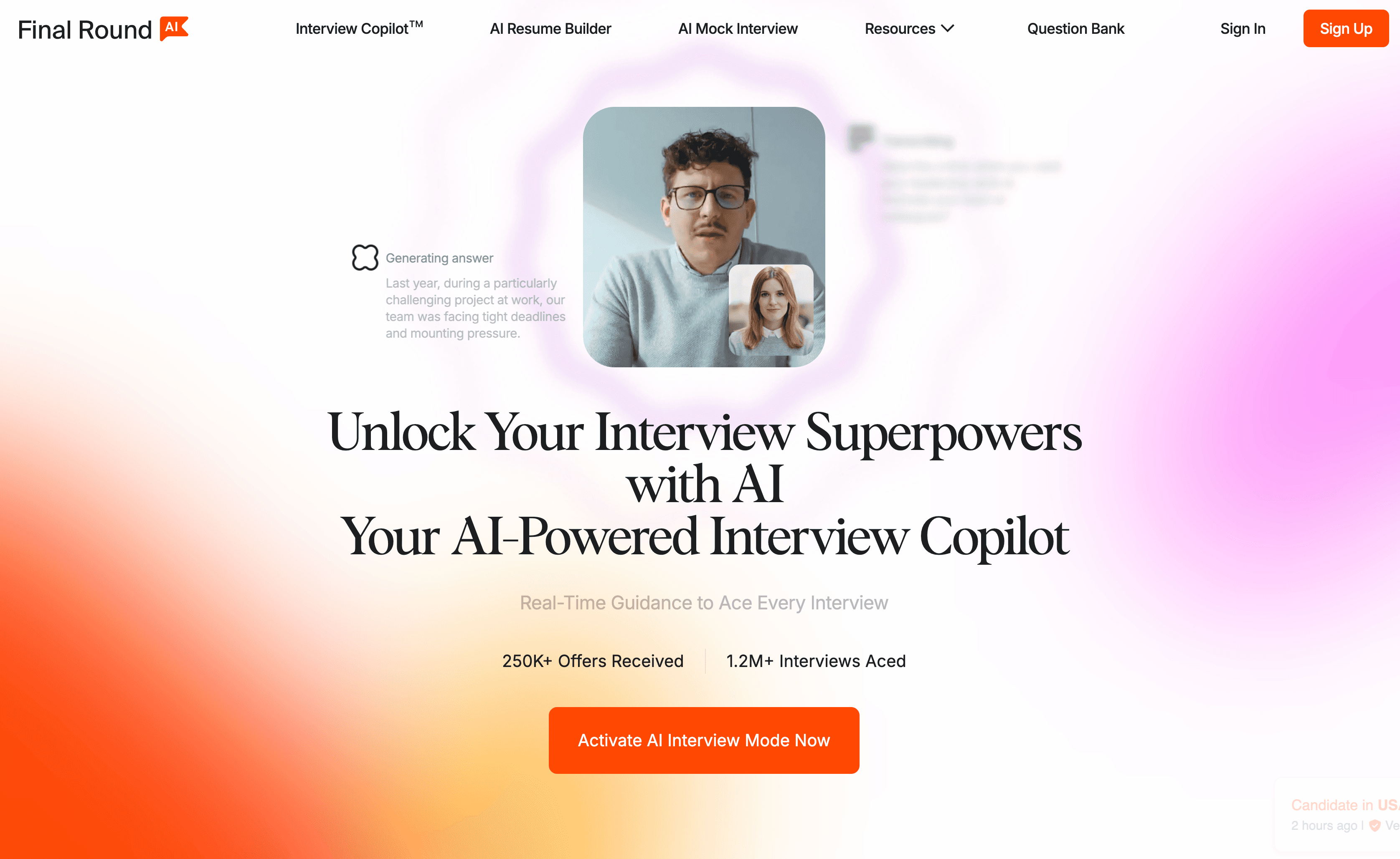 Final Round AI interview platform homepage showcasing AI-powered interview assistant interface with 250K+ offers and 1.2M+ interviews statistics